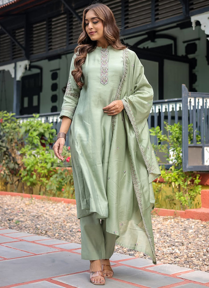 Pista Green Muslin Silk Embroidered Kurta Set