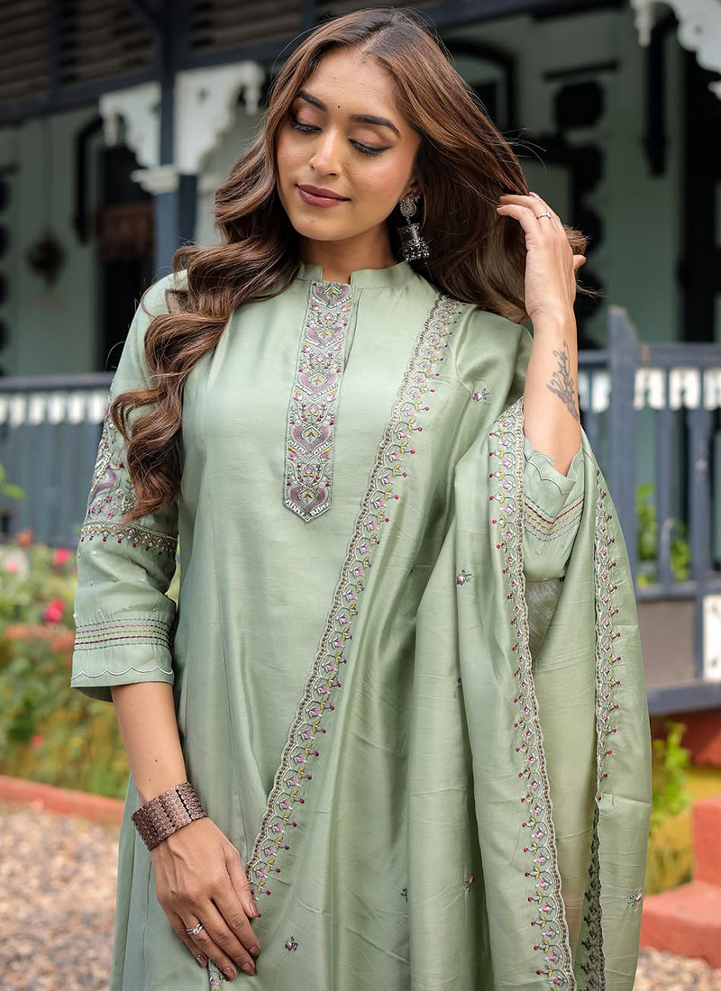 Pista Green Muslin Silk Embroidered Kurta Set