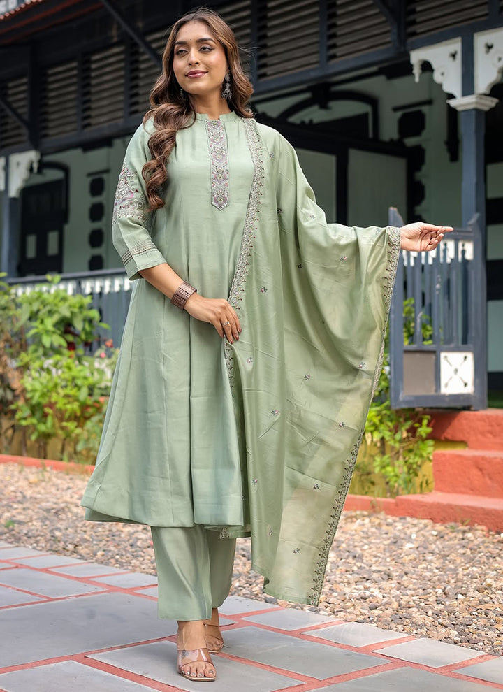 Pista Green Muslin Silk Embroidered Kurta Set