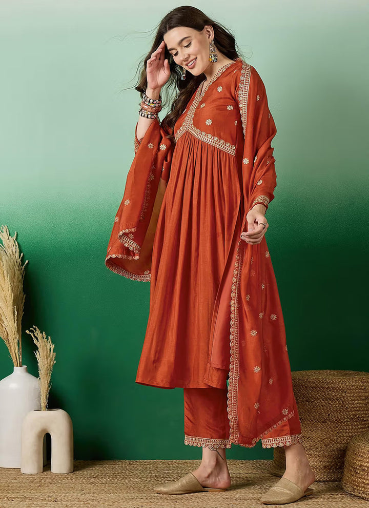 Rust Muslin Silk Embroidered Flared Kurta Set
