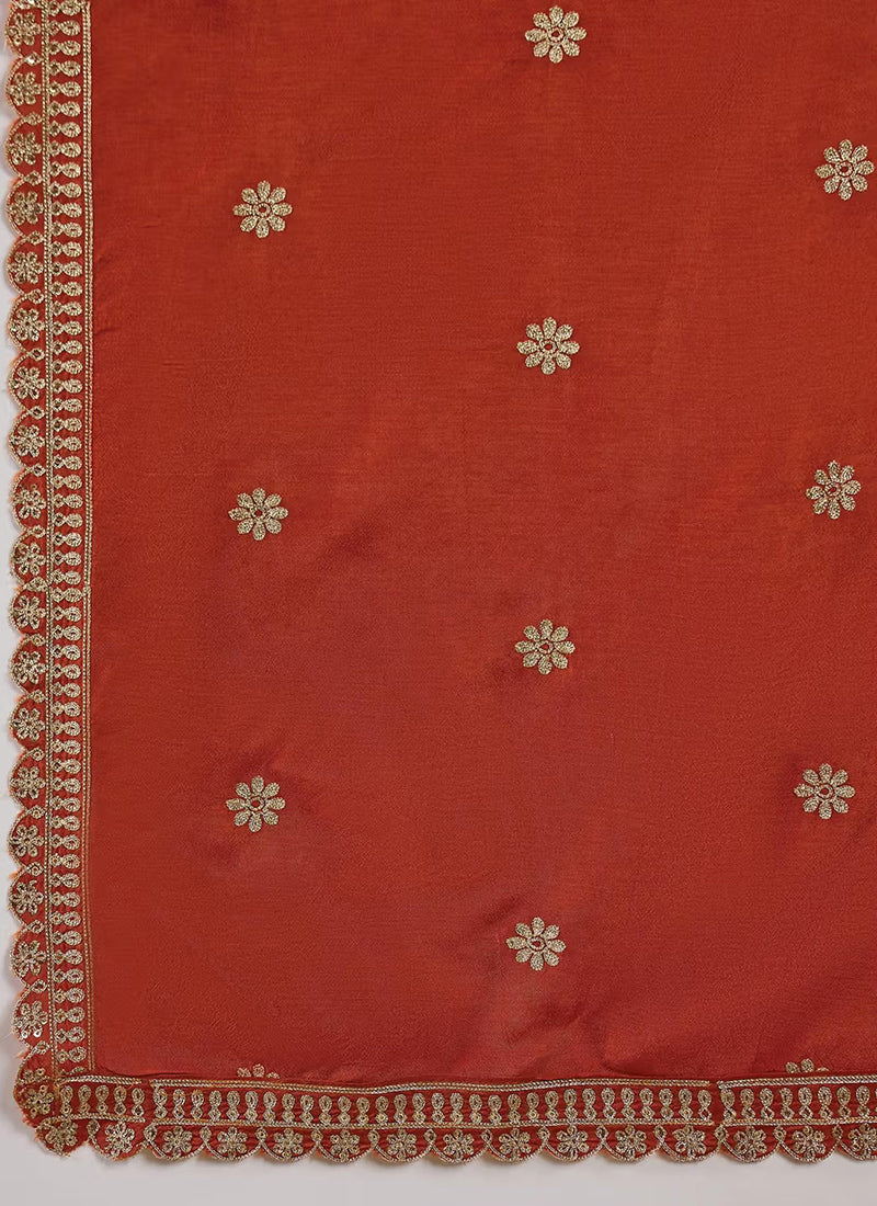 Rust Muslin Silk Embroidered Flared Kurta Set