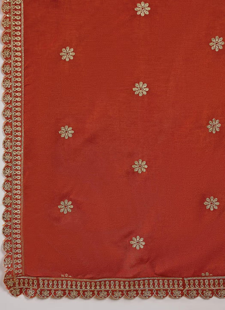 Rust Muslin Silk Embroidered Flared Kurta Set