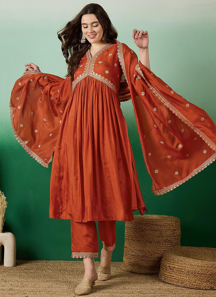 Rust Muslin Silk Embroidered Flared Kurta Set