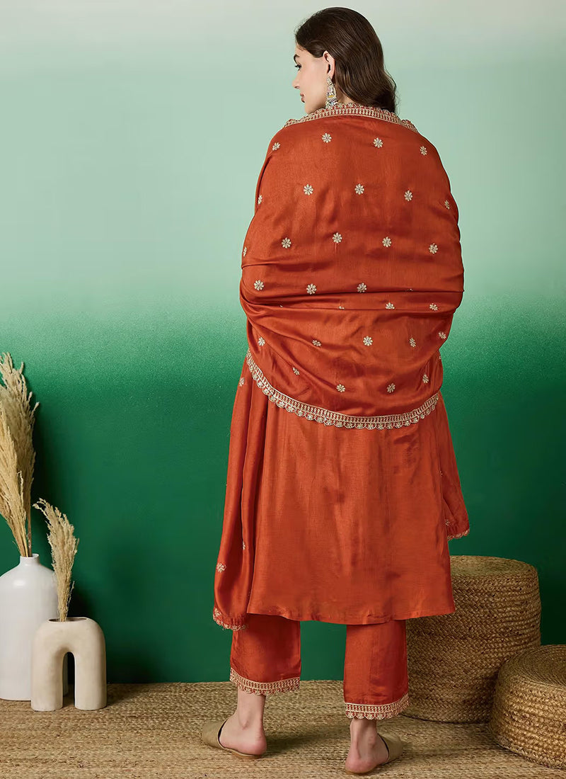 Rust Muslin Silk Embroidered Flared Kurta Set