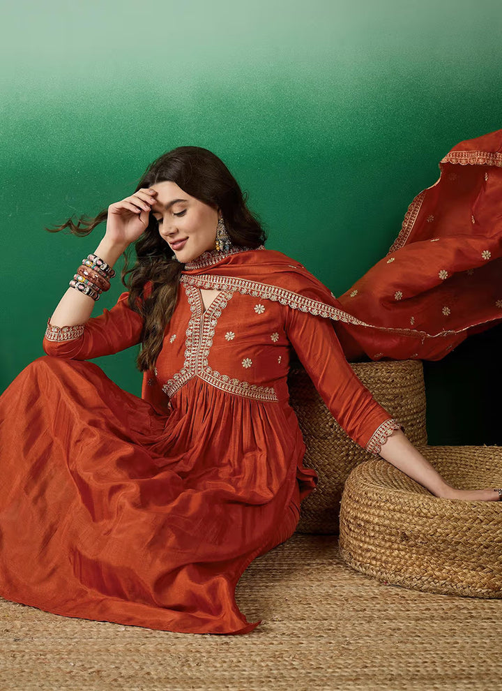 Rust Muslin Silk Embroidered Flared Kurta Set
