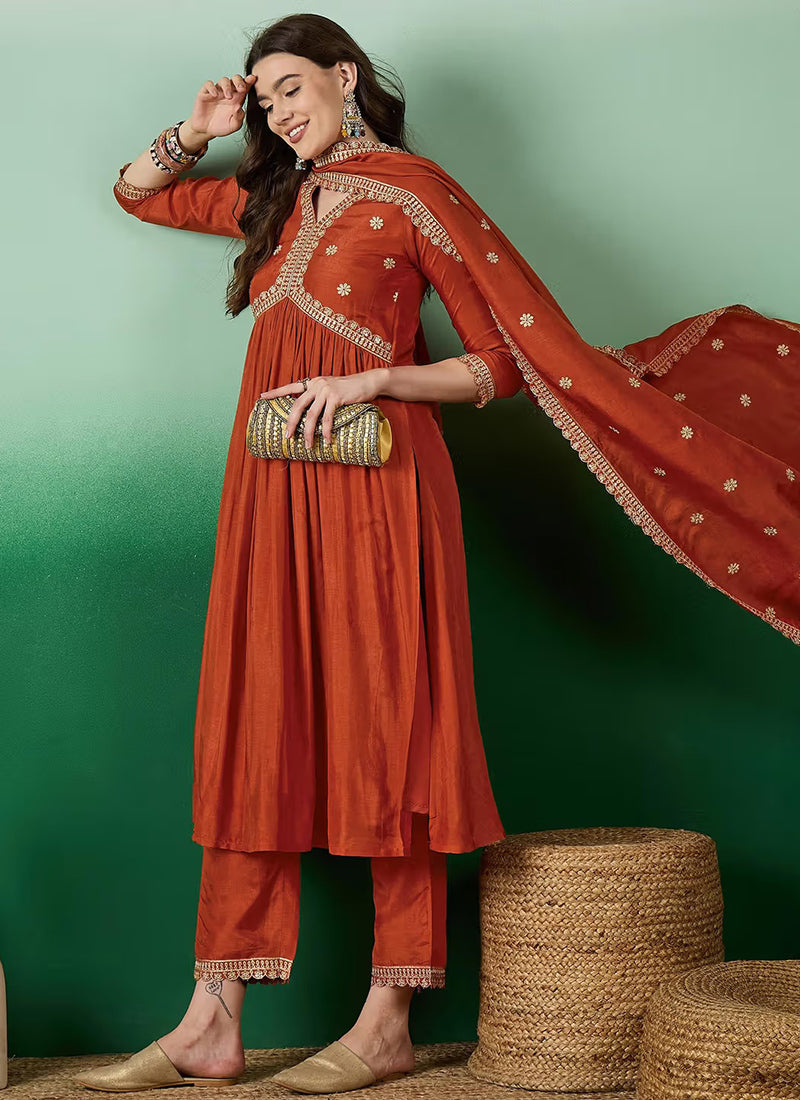 Rust Muslin Silk Embroidered Flared Kurta Set