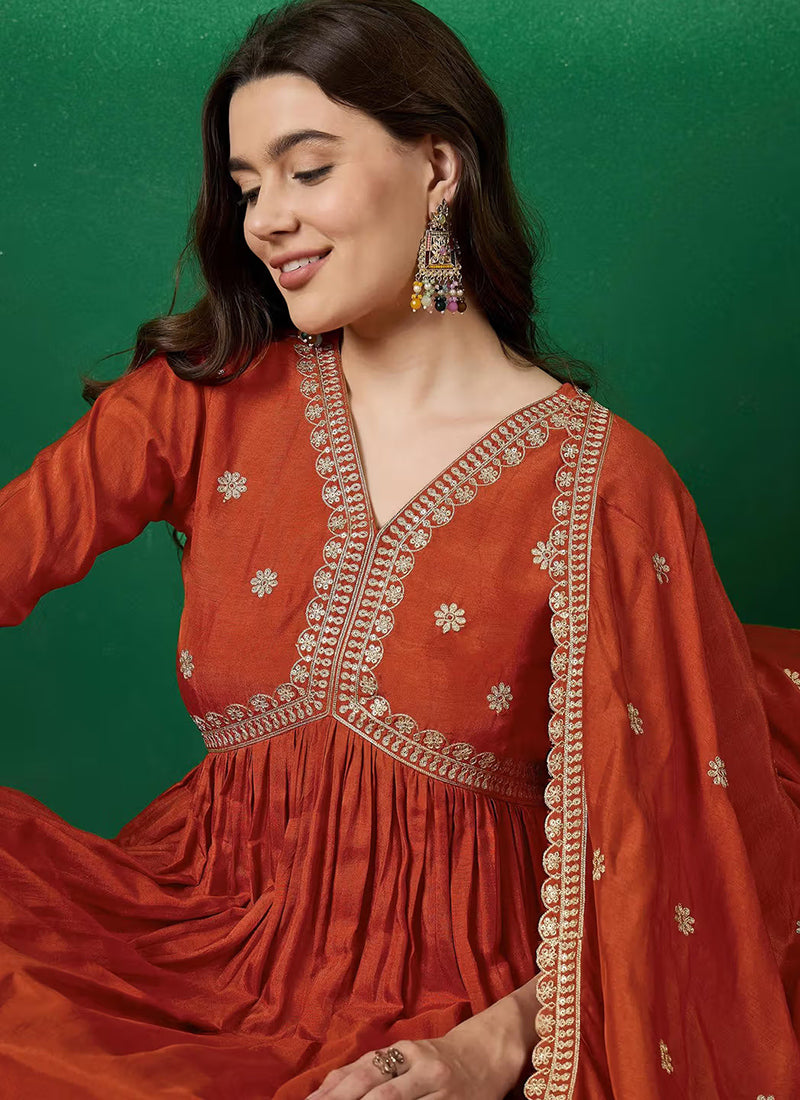 Rust Muslin Silk Embroidered Flared Kurta Set