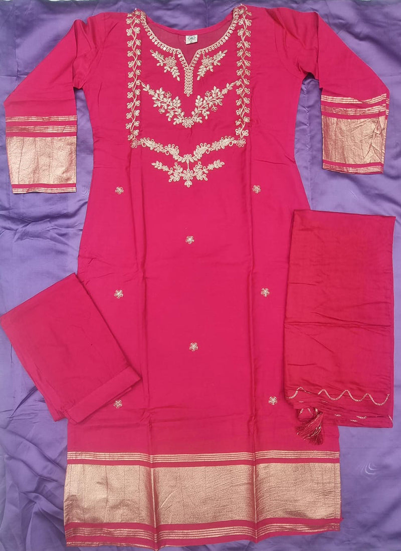 Rani Pink Viscose Silk Embroidered Festive Kurta Set