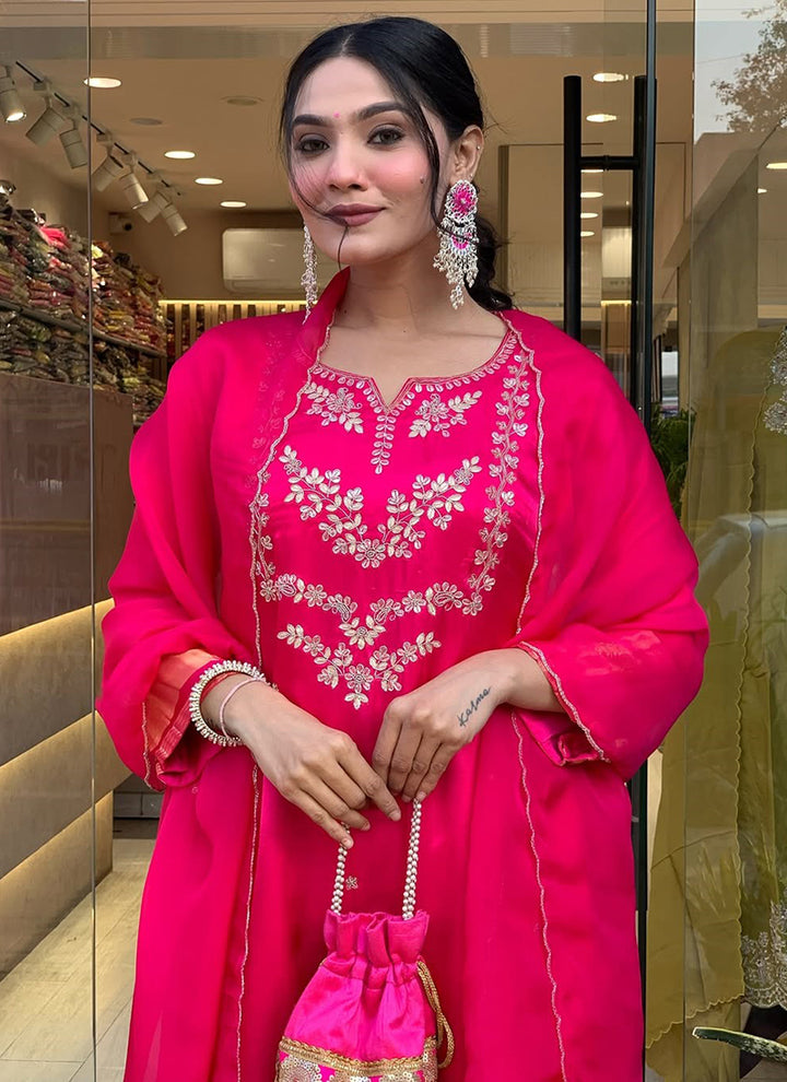 Rani Pink Viscose Silk Embroidered Festive Kurta Set