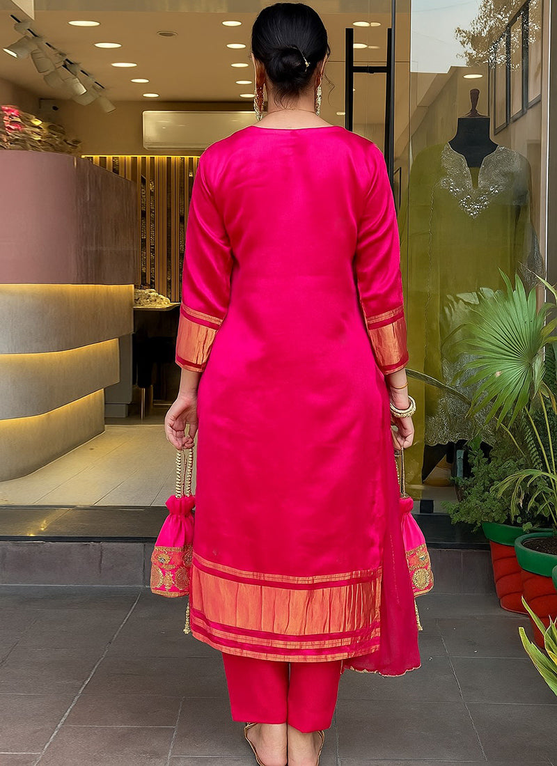 Rani Pink Viscose Silk Embroidered Festive Kurta Set