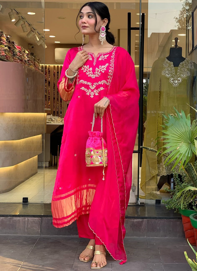 Rani Pink Viscose Silk Embroidered Festive Kurta Set