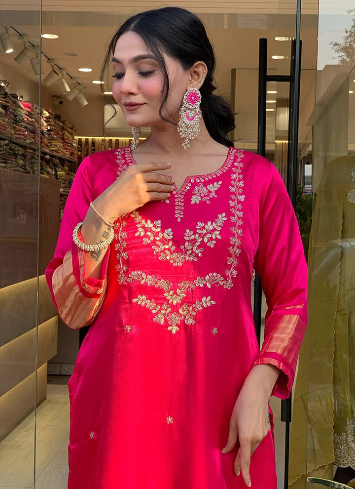 Rani Pink Viscose Silk Embroidered Festive Kurta Set