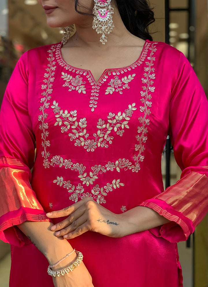 Rani Pink Viscose Silk Embroidered Festive Kurta Set