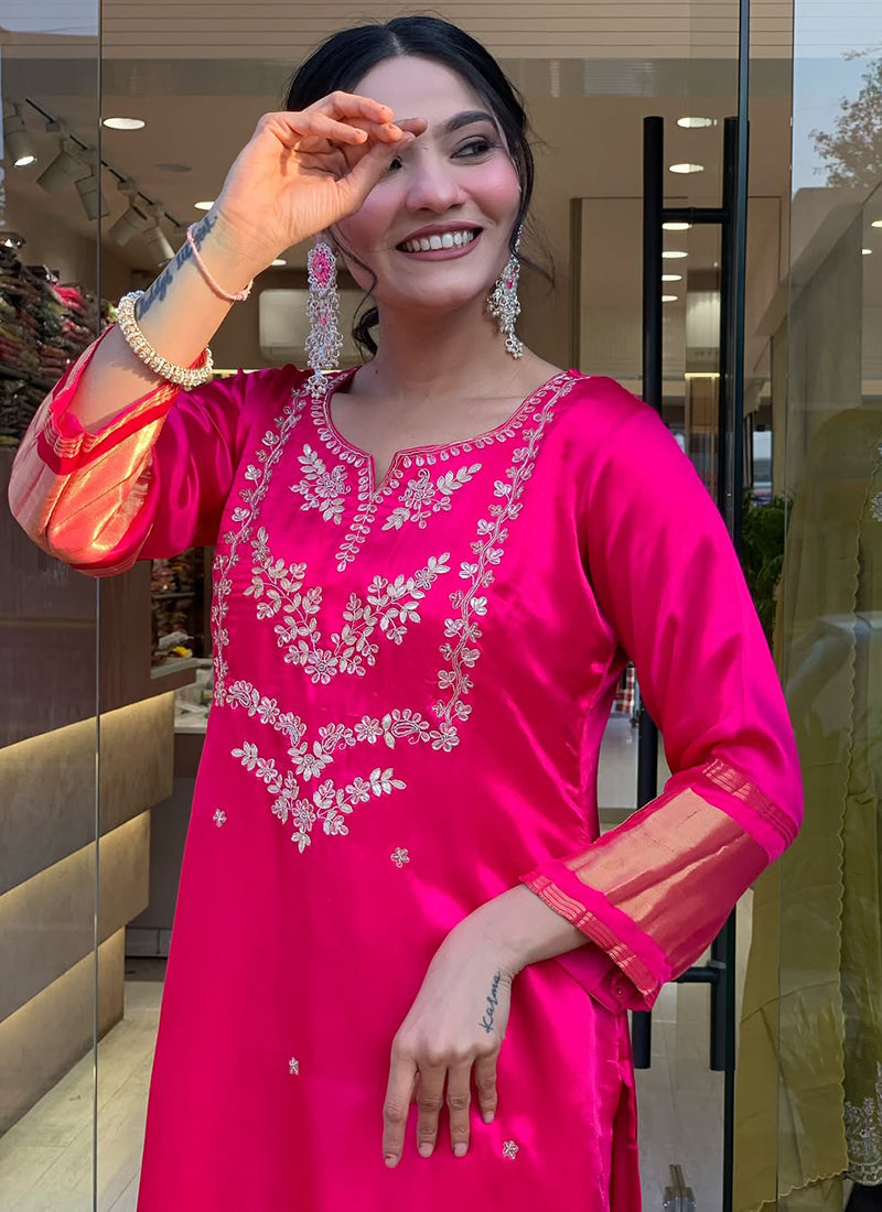 Rani Pink Viscose Silk Embroidered Festive Kurta Set