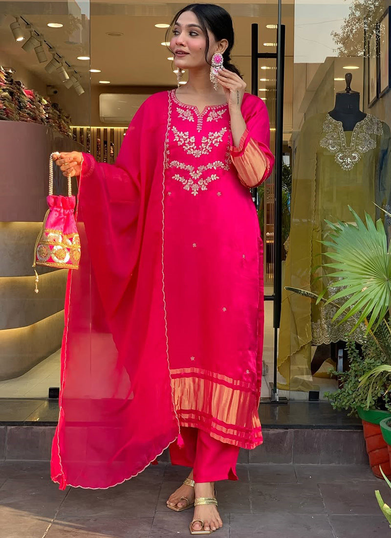 Rani Pink Viscose Silk Embroidered Festive Kurta Set