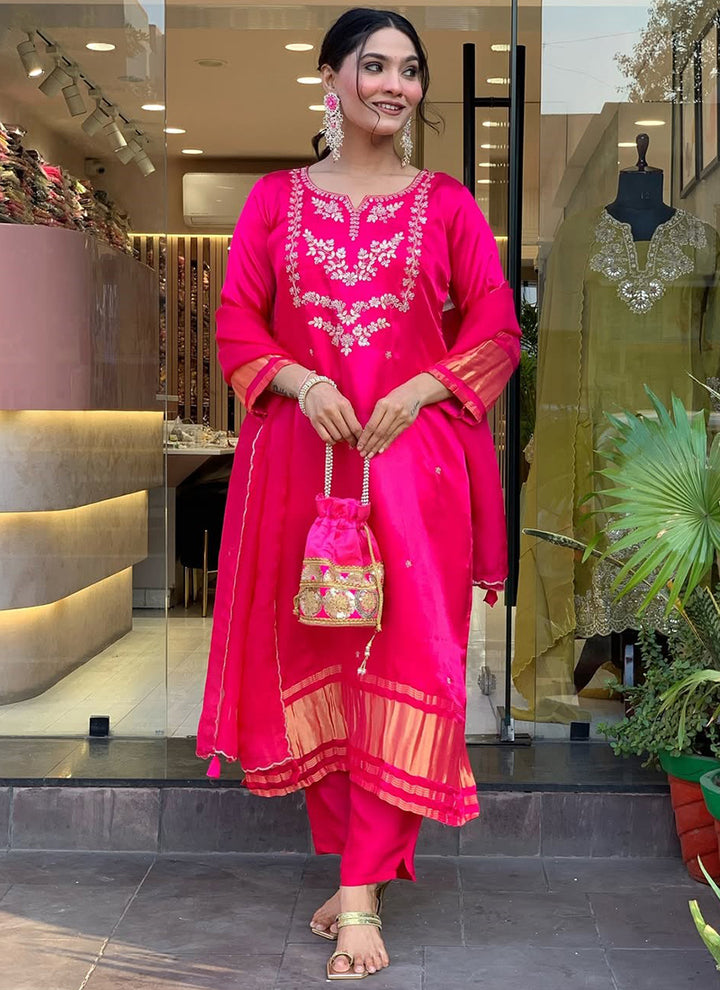 Rani Pink Viscose Silk Embroidered Festive Kurta Set