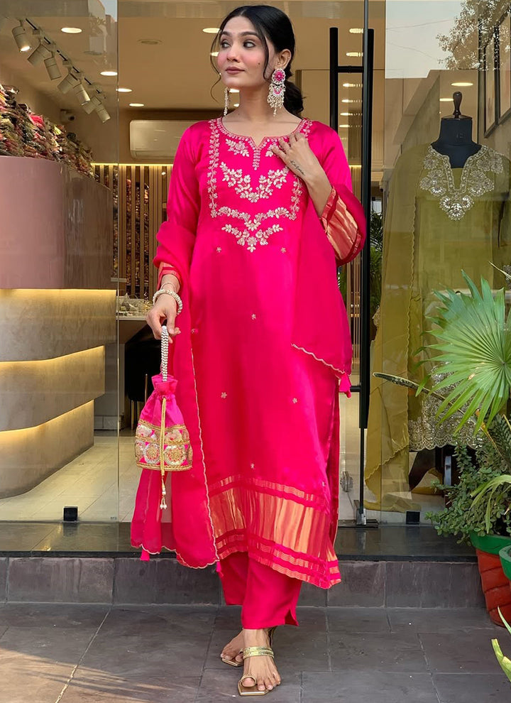 Rani Pink Viscose Silk Embroidered Festive Kurta Set