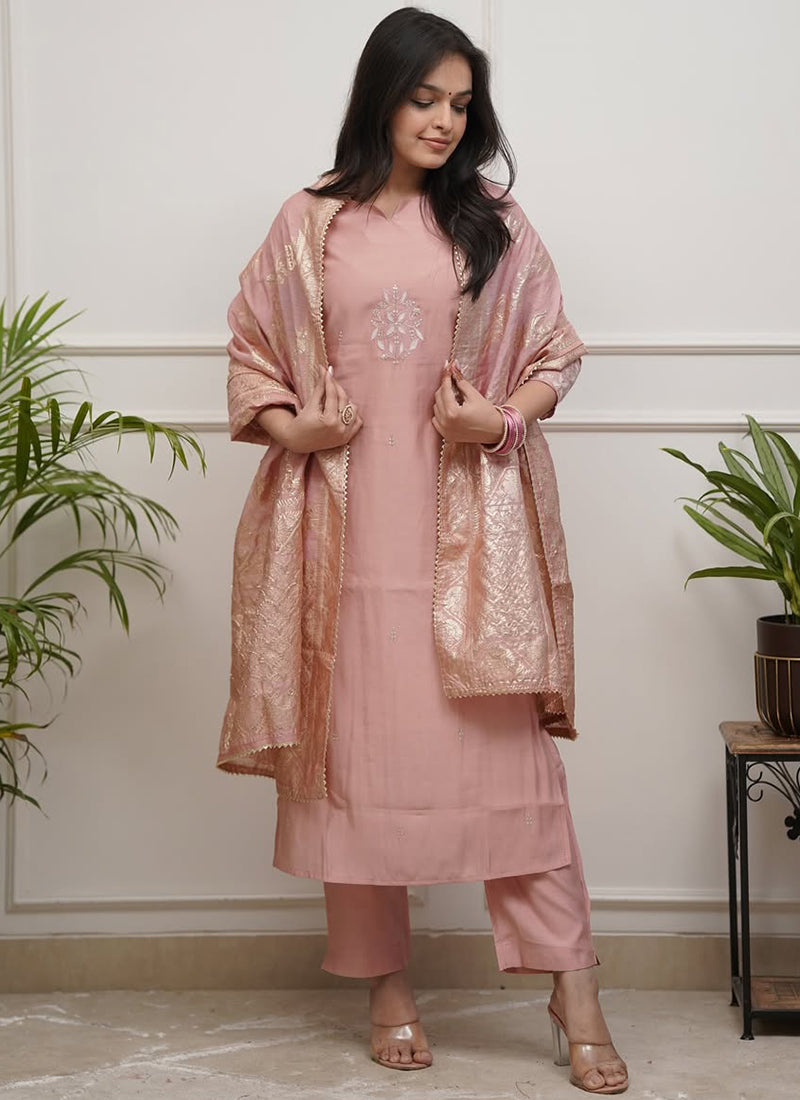 Dusty Pink Chanderi Embroidered Pant Style Kurta Set