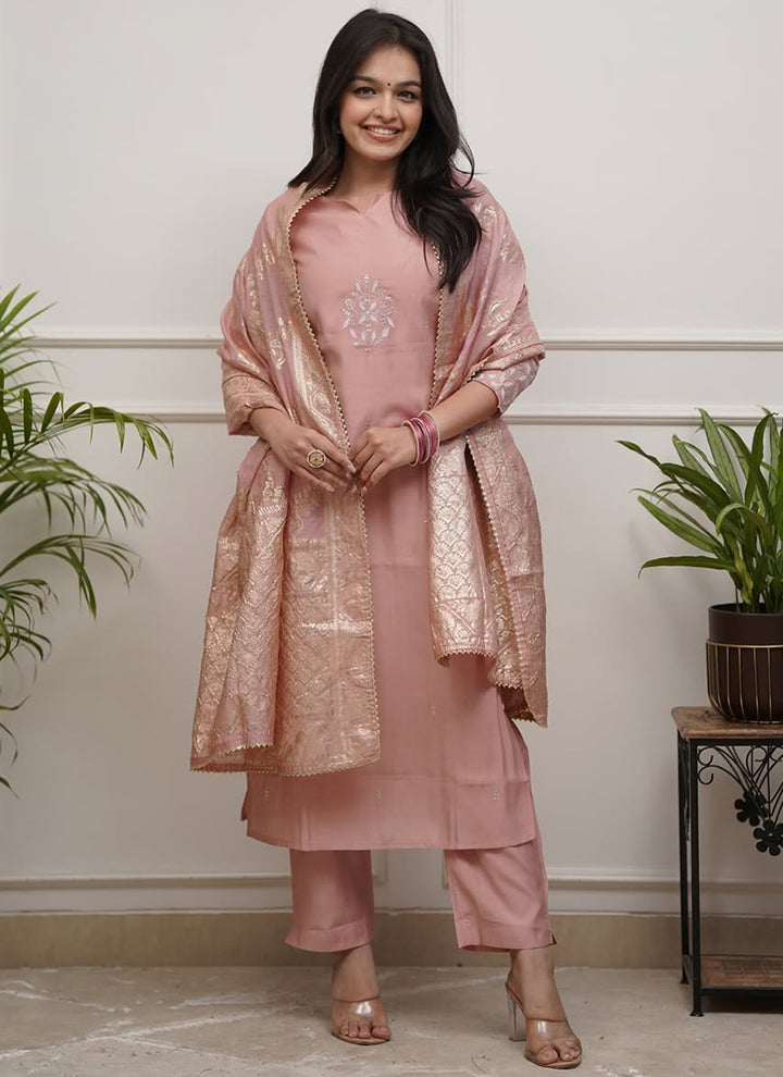 Dusty Pink Chanderi Embroidered Pant Style Kurta Set