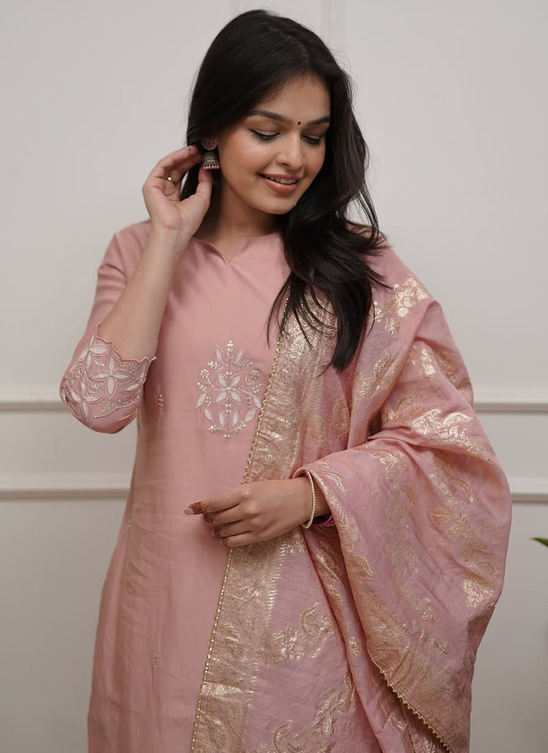 Dusty Pink Chanderi Embroidered Pant Style Kurta Set