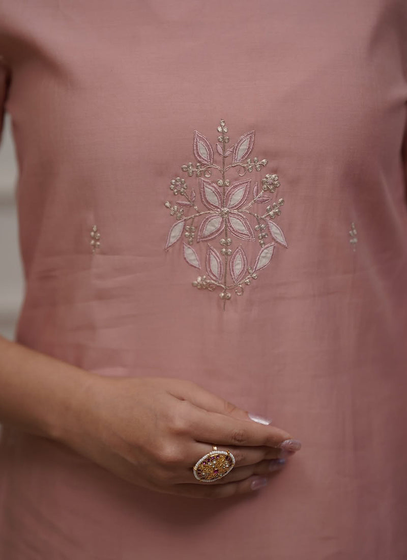 Dusty Pink Chanderi Embroidered Pant Style Kurta Set