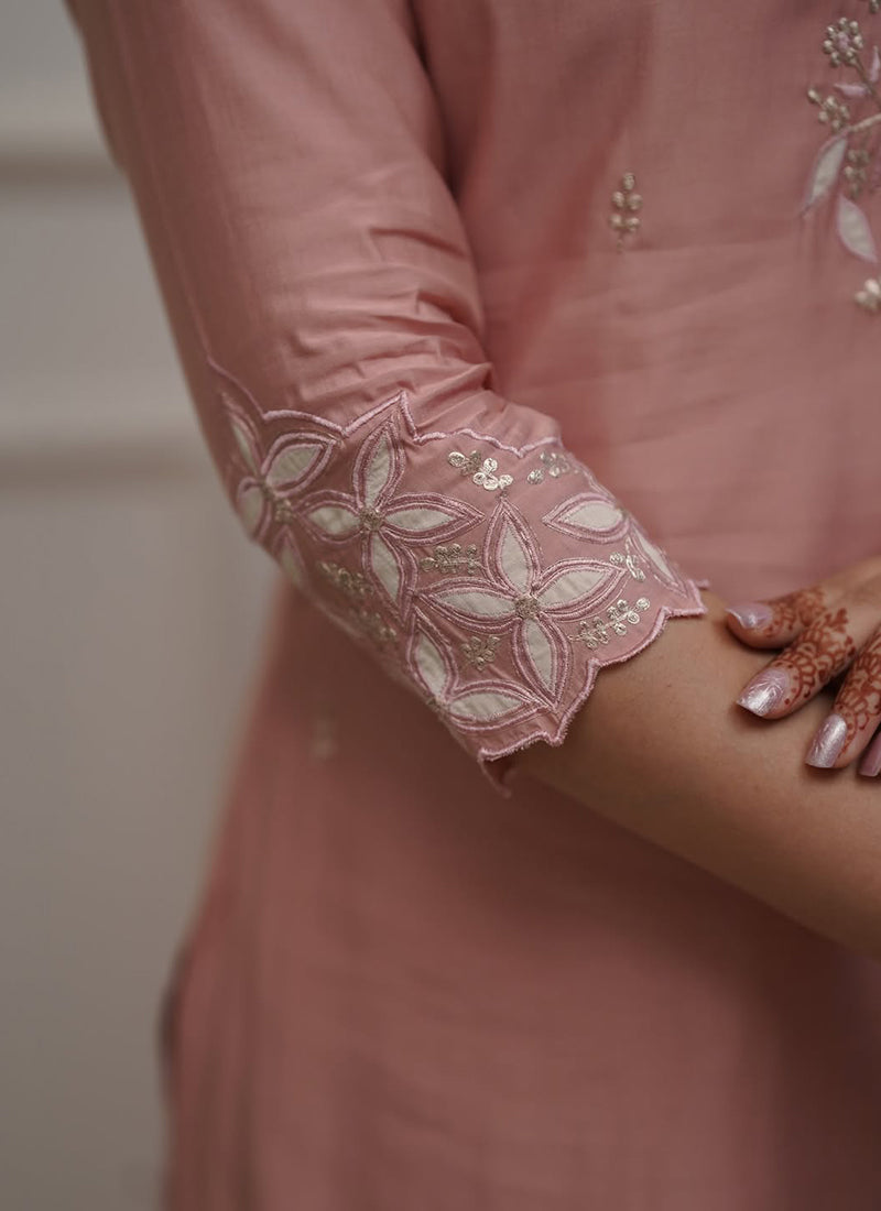 Dusty Pink Chanderi Embroidered Pant Style Kurta Set
