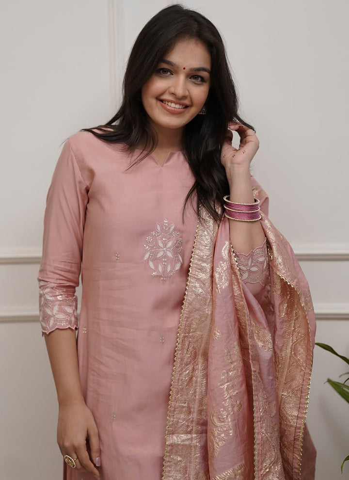 Dusty Pink Chanderi Embroidered Pant Style Kurta Set