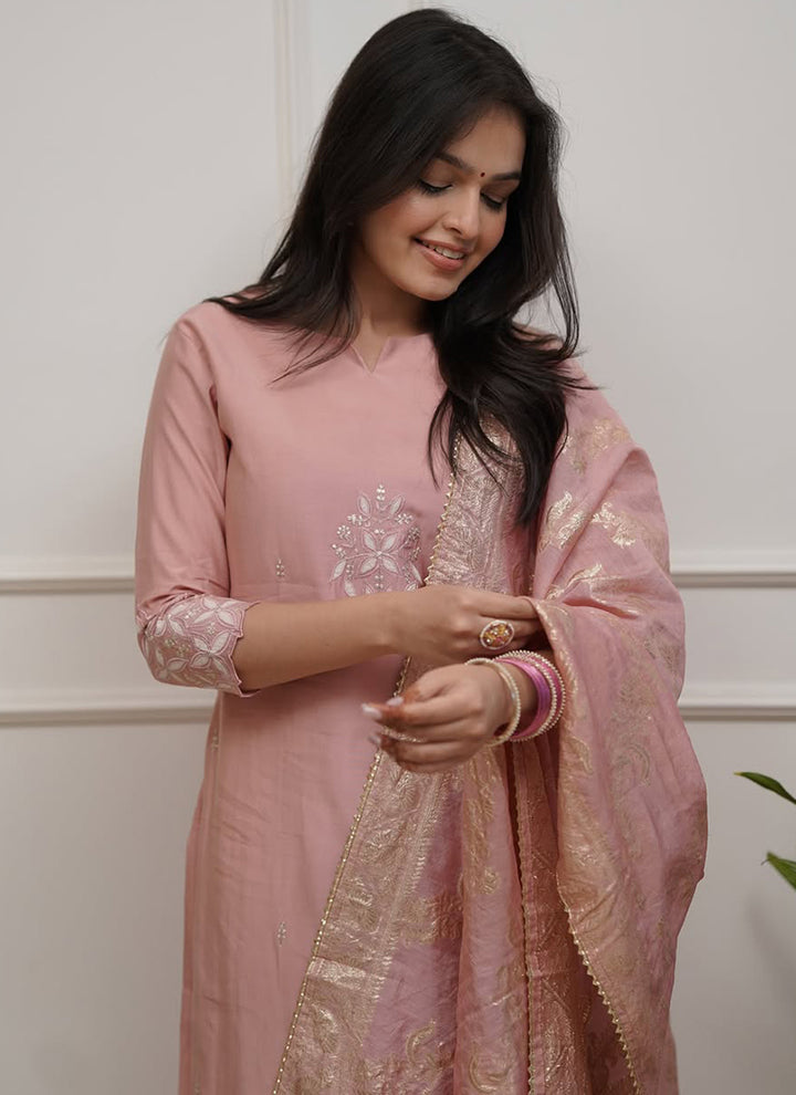 Dusty Pink Chanderi Embroidered Pant Style Kurta Set