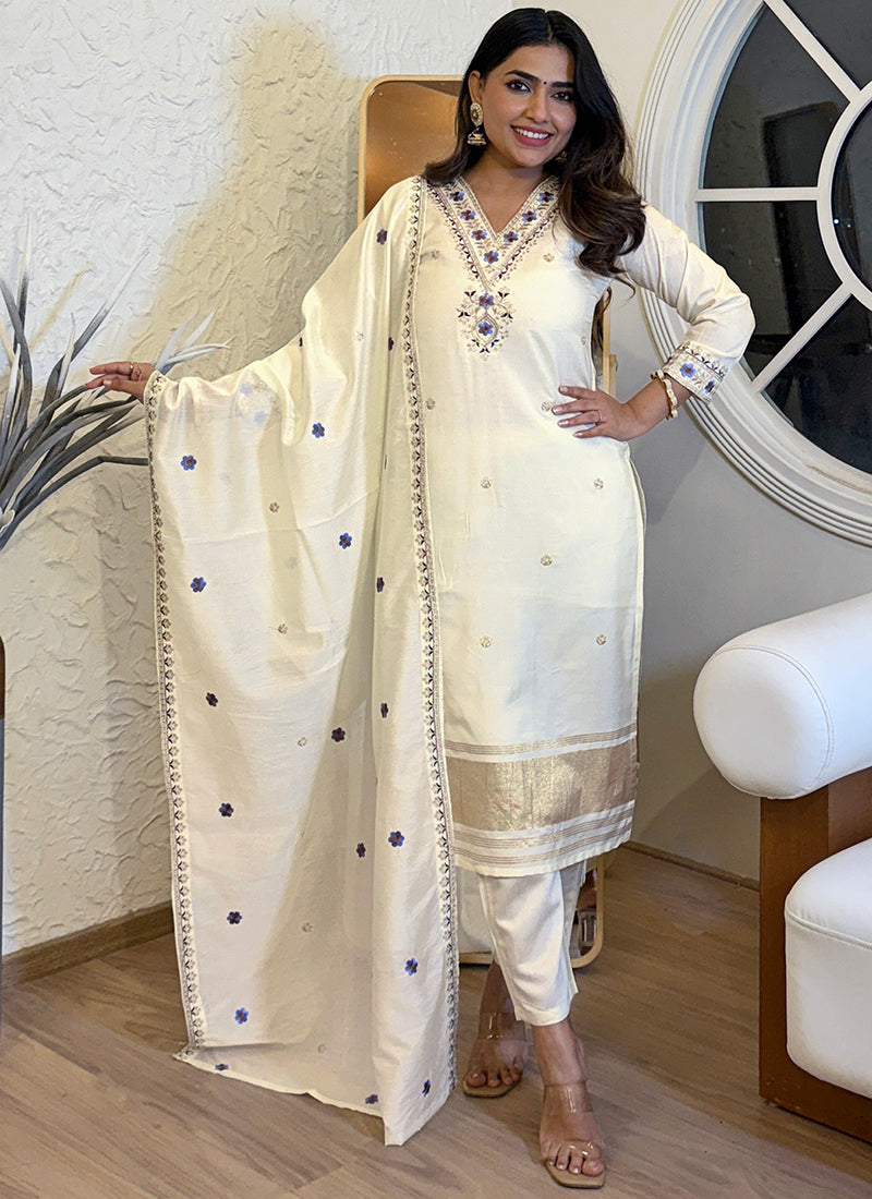 Off White Viscose Silk Embroidered Festive Kurta Set