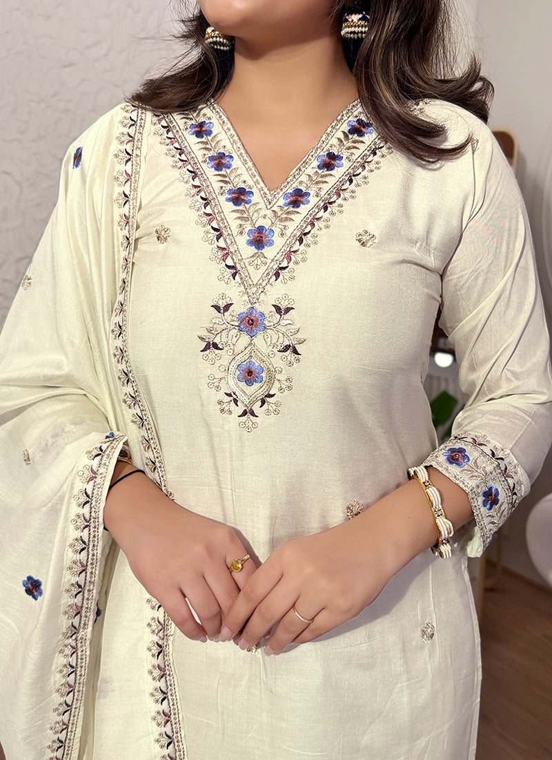 Off White Viscose Silk Embroidered Festive Kurta Set