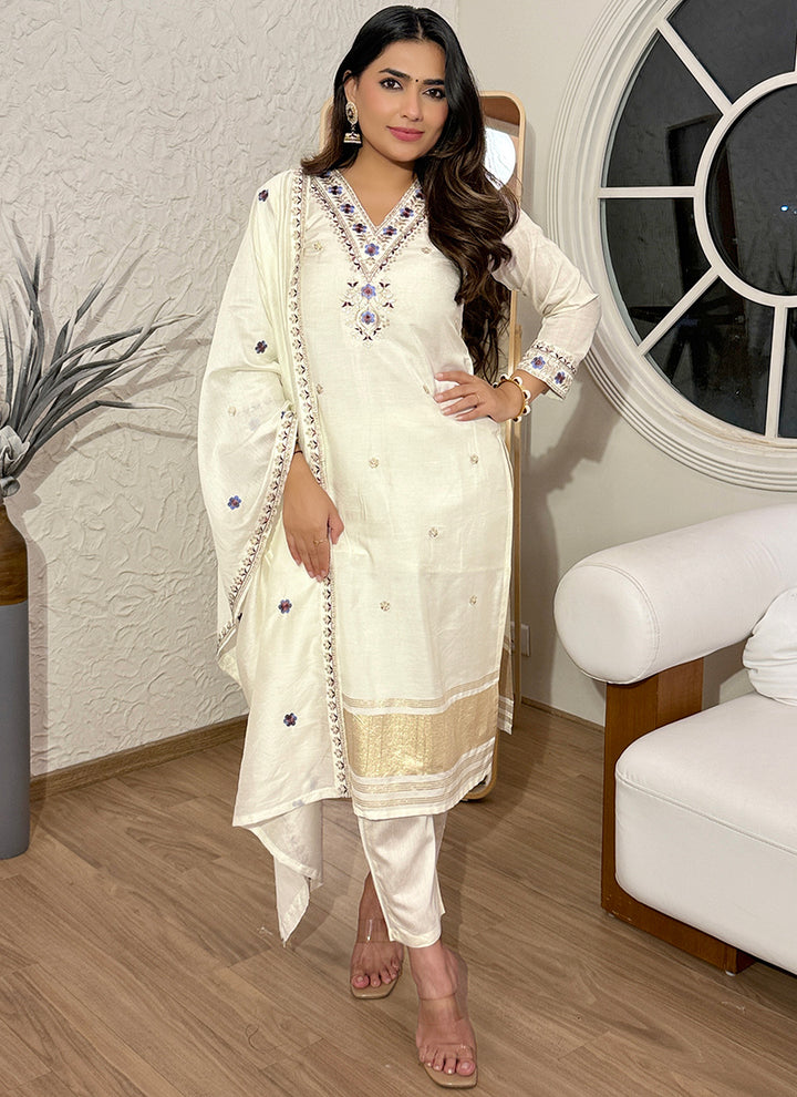 Off White Viscose Silk Embroidered Festive Kurta Set