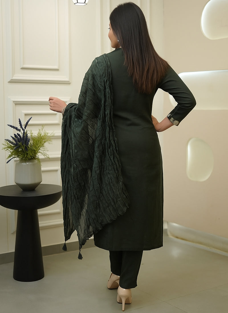 Olive Green Rayon Slub Embroidered Kurta Set