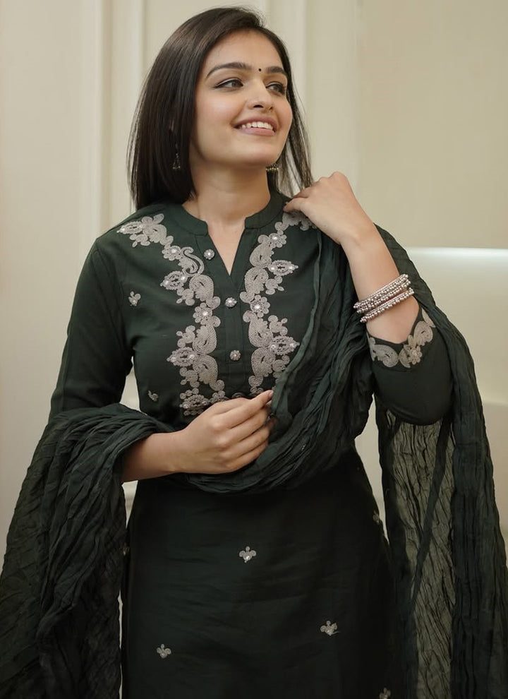Olive Green Rayon Slub Embroidered Kurta Set