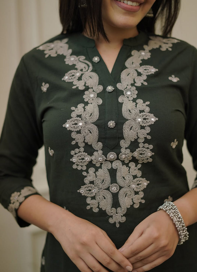 Olive Green Rayon Slub Embroidered Kurta Set