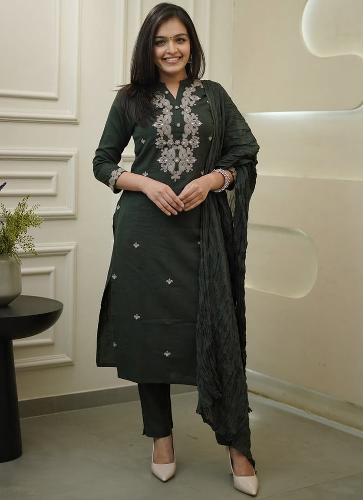 Olive Green Rayon Slub Embroidered Kurta Set