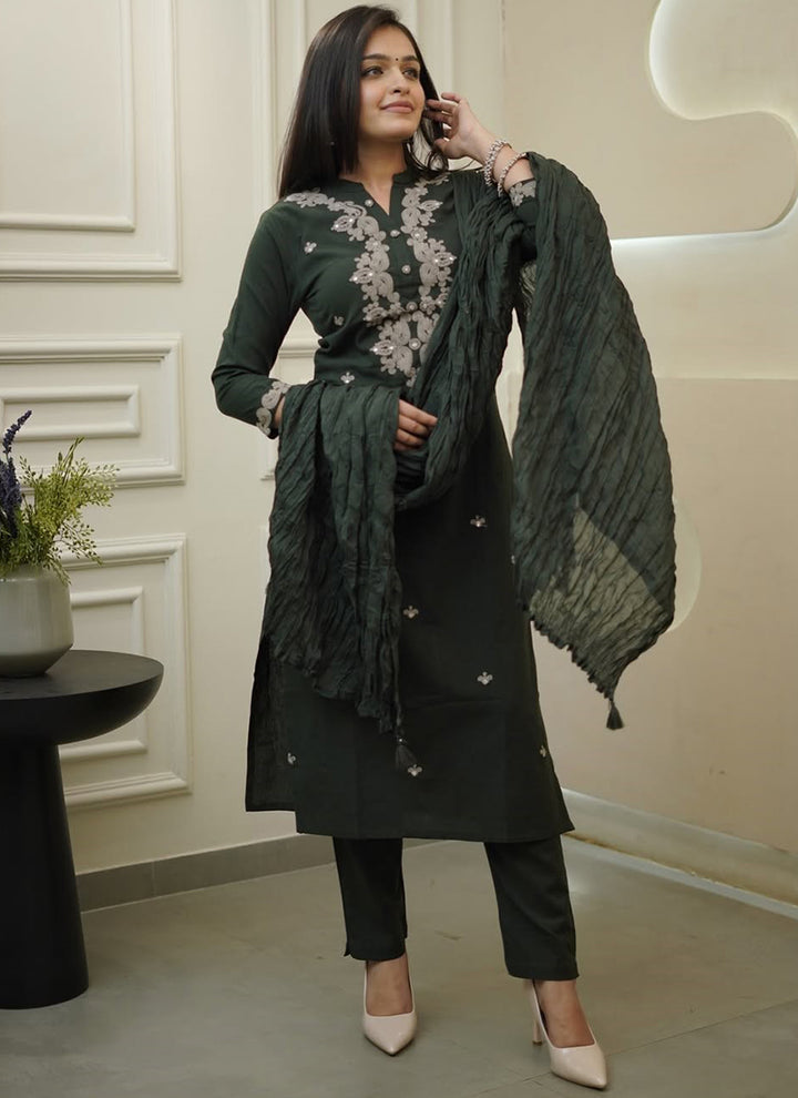 Olive Green Rayon Slub Embroidered Kurta Set