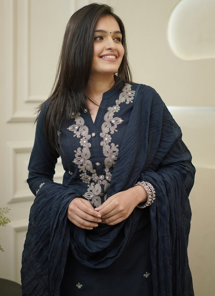 Navy Blue Rayon Slub Embroidered Kurta Set
