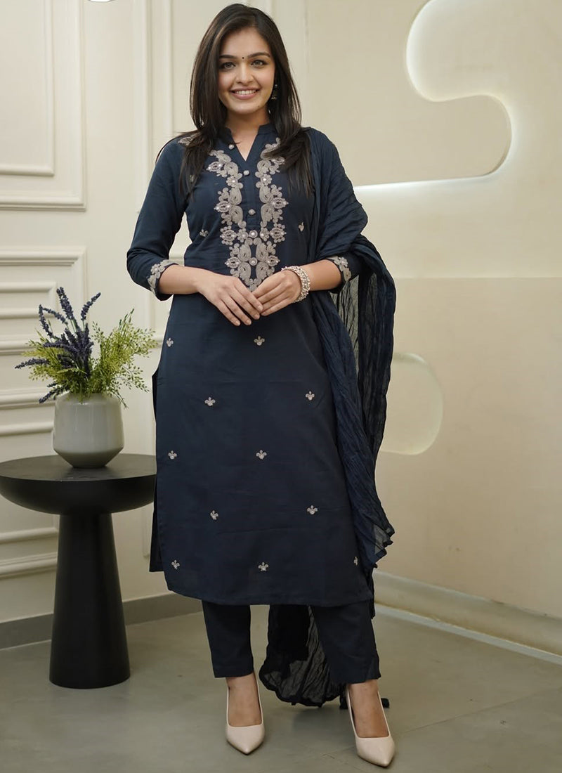 Navy Blue Rayon Slub Embroidered Kurta Set
