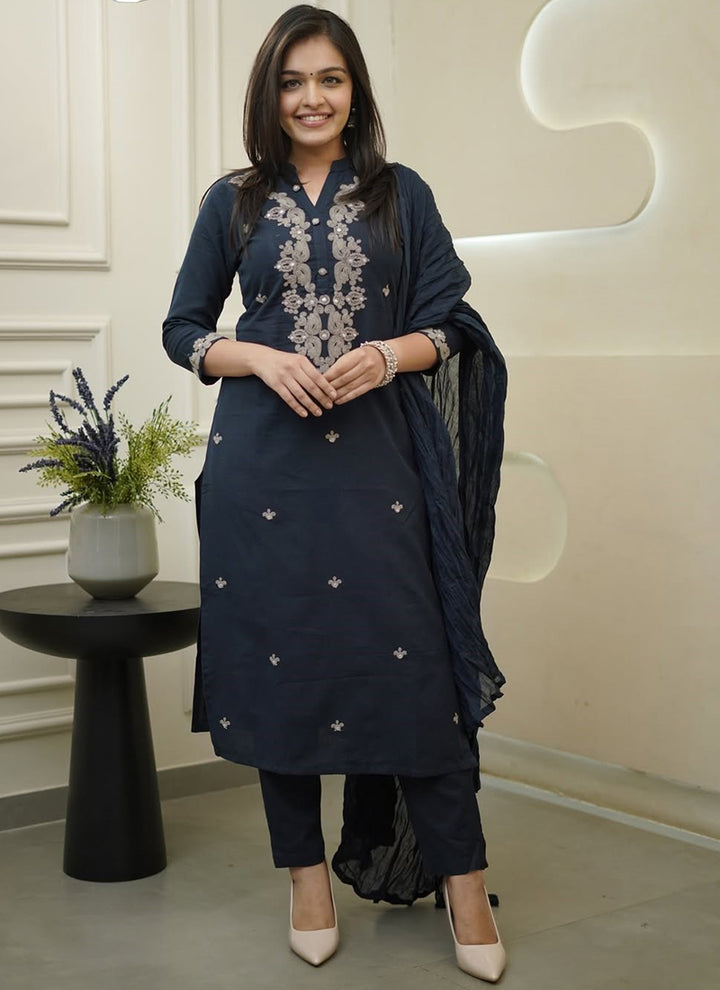 Navy Blue Rayon Slub Embroidered Kurta Set