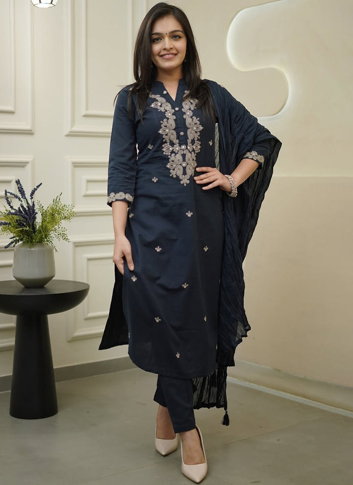 Navy Blue Rayon Slub Embroidered Kurta Set