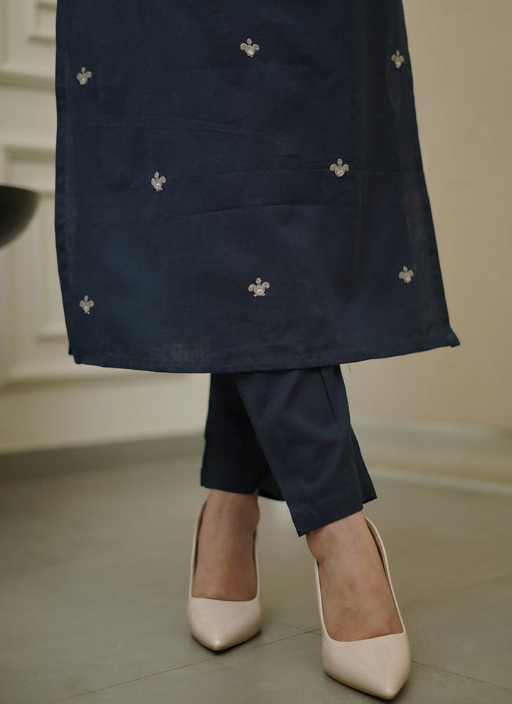 Navy Blue Rayon Slub Embroidered Kurta Set