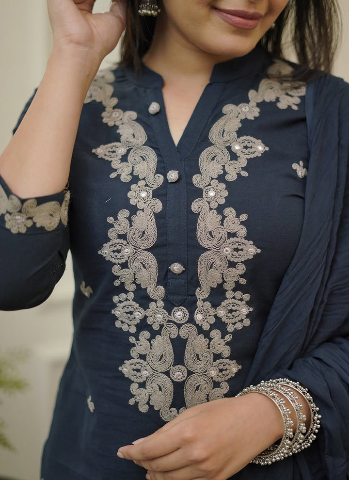 Navy Blue Rayon Slub Embroidered Kurta Set