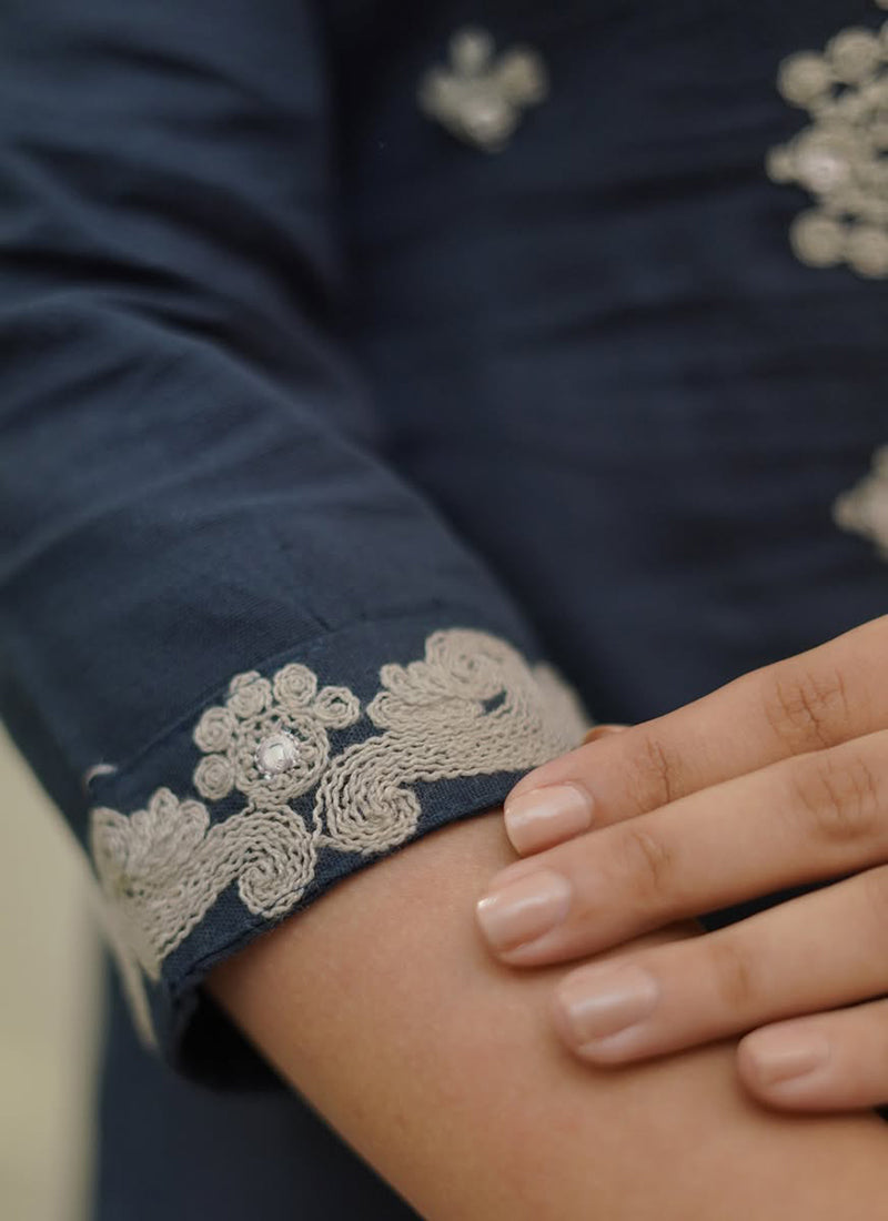Navy Blue Rayon Slub Embroidered Kurta Set