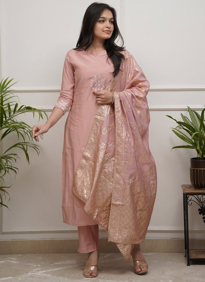 Dusty Pink Chanderi Embroidered Pant Style Kurta Set
