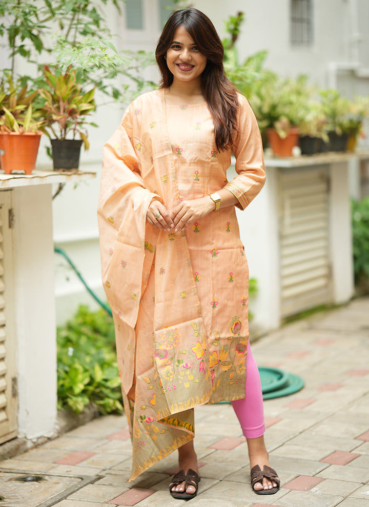 Peach Jamdani Cotton Festive Kurta Set