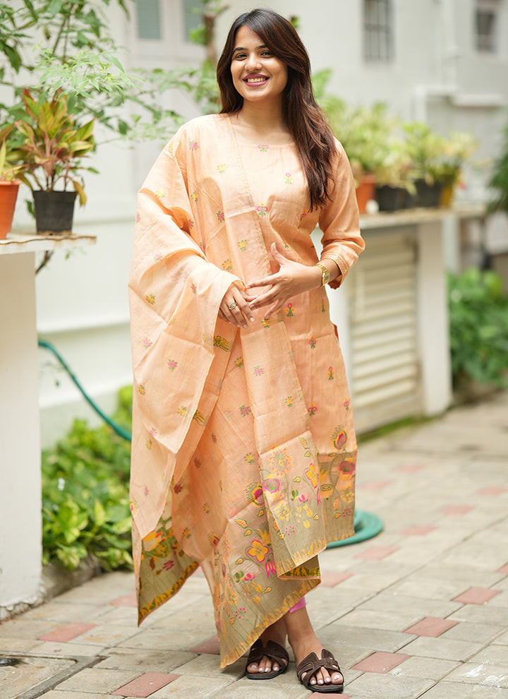 Peach Jamdani Cotton Festive Kurta Set