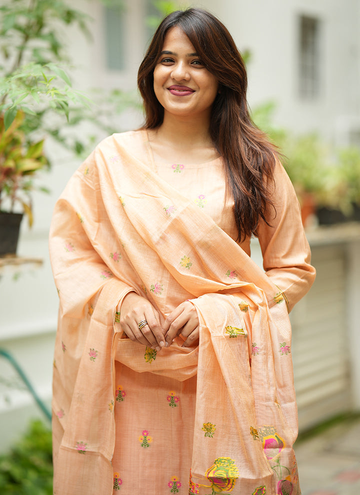 Peach Jamdani Cotton Festive Kurta Set