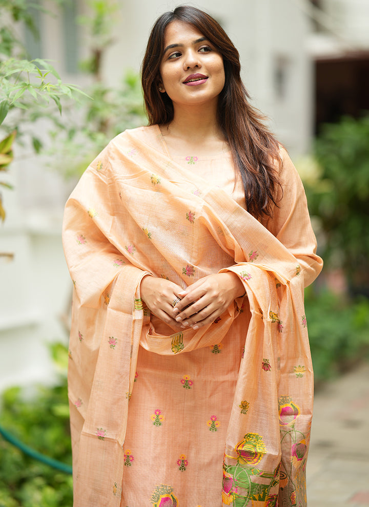 Peach Jamdani Cotton Festive Kurta Set