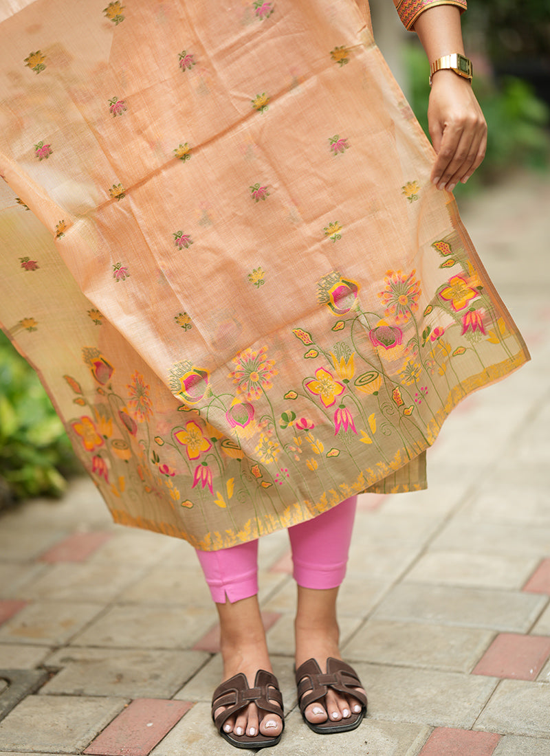 Peach Jamdani Cotton Festive Kurta Set