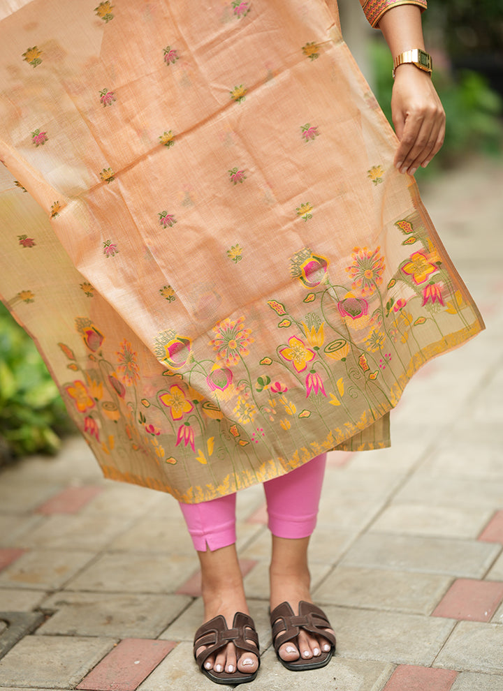 Peach Jamdani Cotton Festive Kurta Set